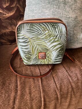 Dooney & Bourke Green Palm-Print Crossbody with Brown Trim